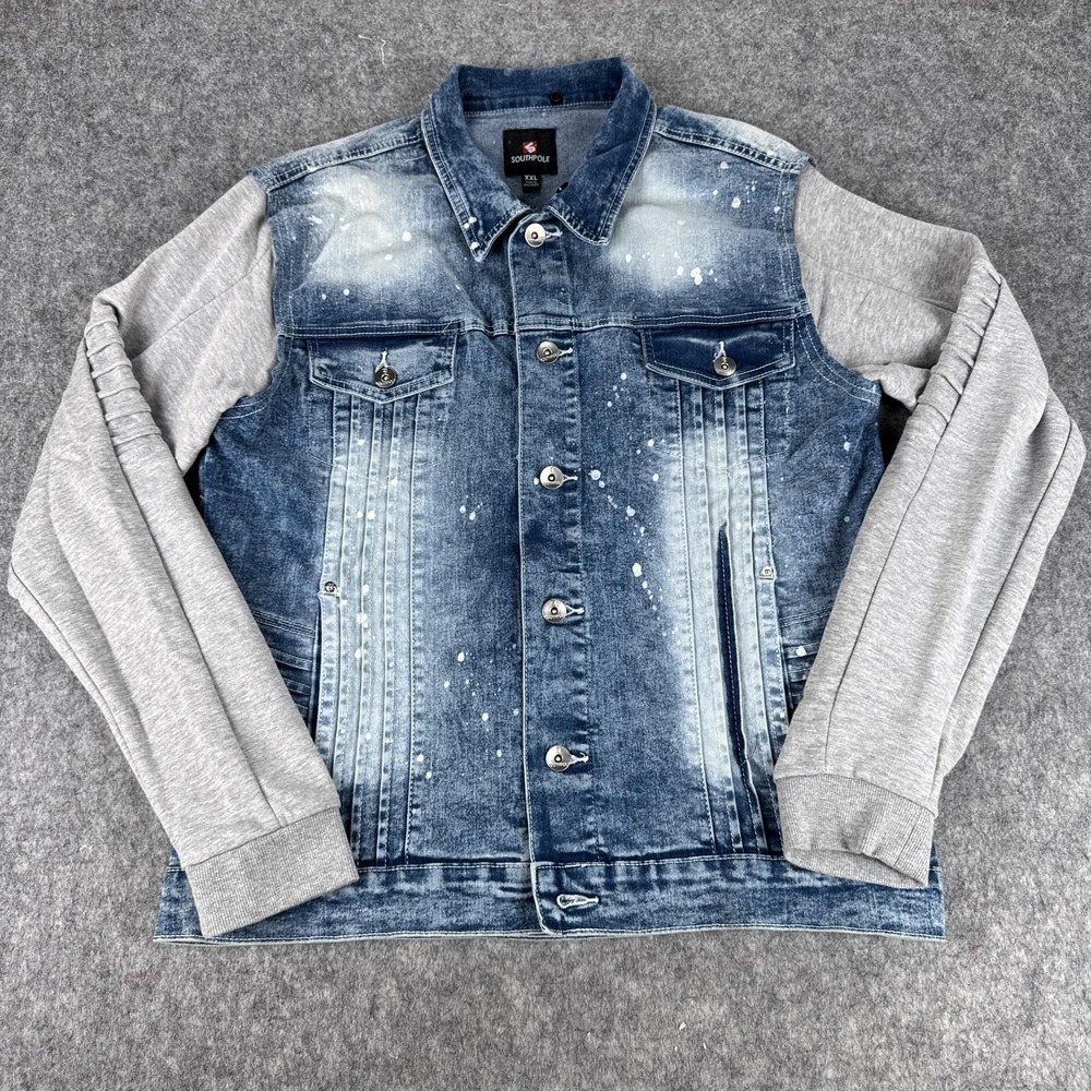 Southpole Jacket Mens 2XL Blue Denim Gray Hooded Jean Fleece Sleeve Streetwear